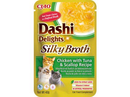 Kapsička Dashi Cat Delights Silky Broth kuře s tuňákem a hřebenatkou 40g